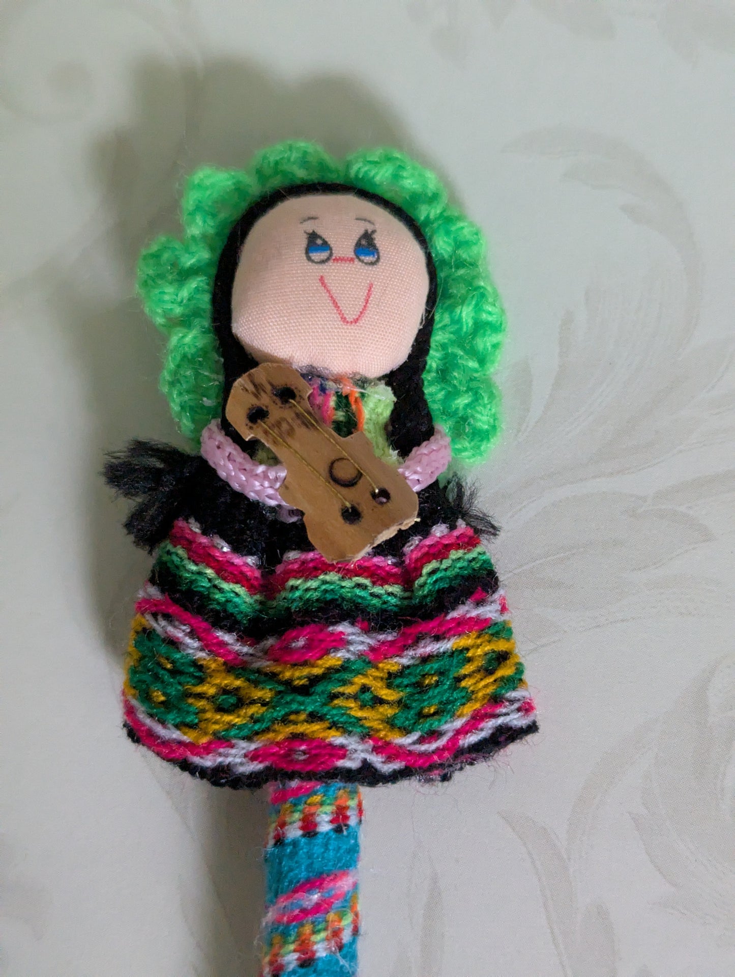 Doll Pen - Holding a Guitar -Light Green Hat - Made in Peru