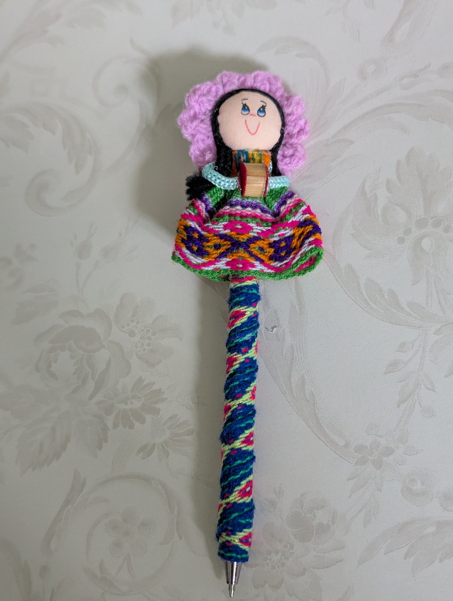 Doll Pen - Holding a Maraca -Dusty Rose Hat - Made in Peru