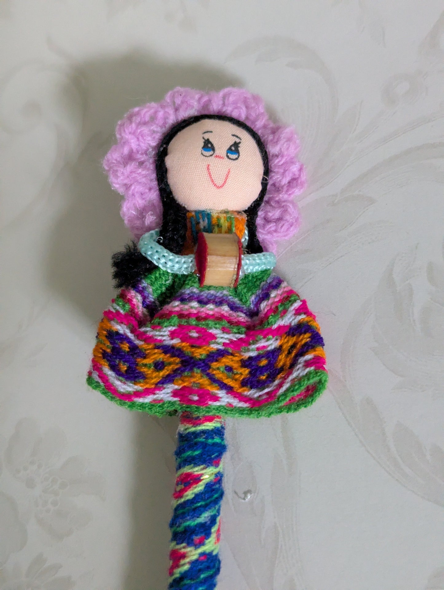 Doll Pen - Holding a Maraca -Dusty Rose Hat - Made in Peru