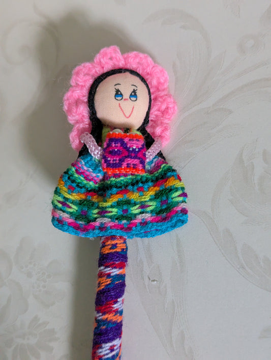 Doll Pen - Holding a Basket with eggs -Pink Hat - Made in Peru
