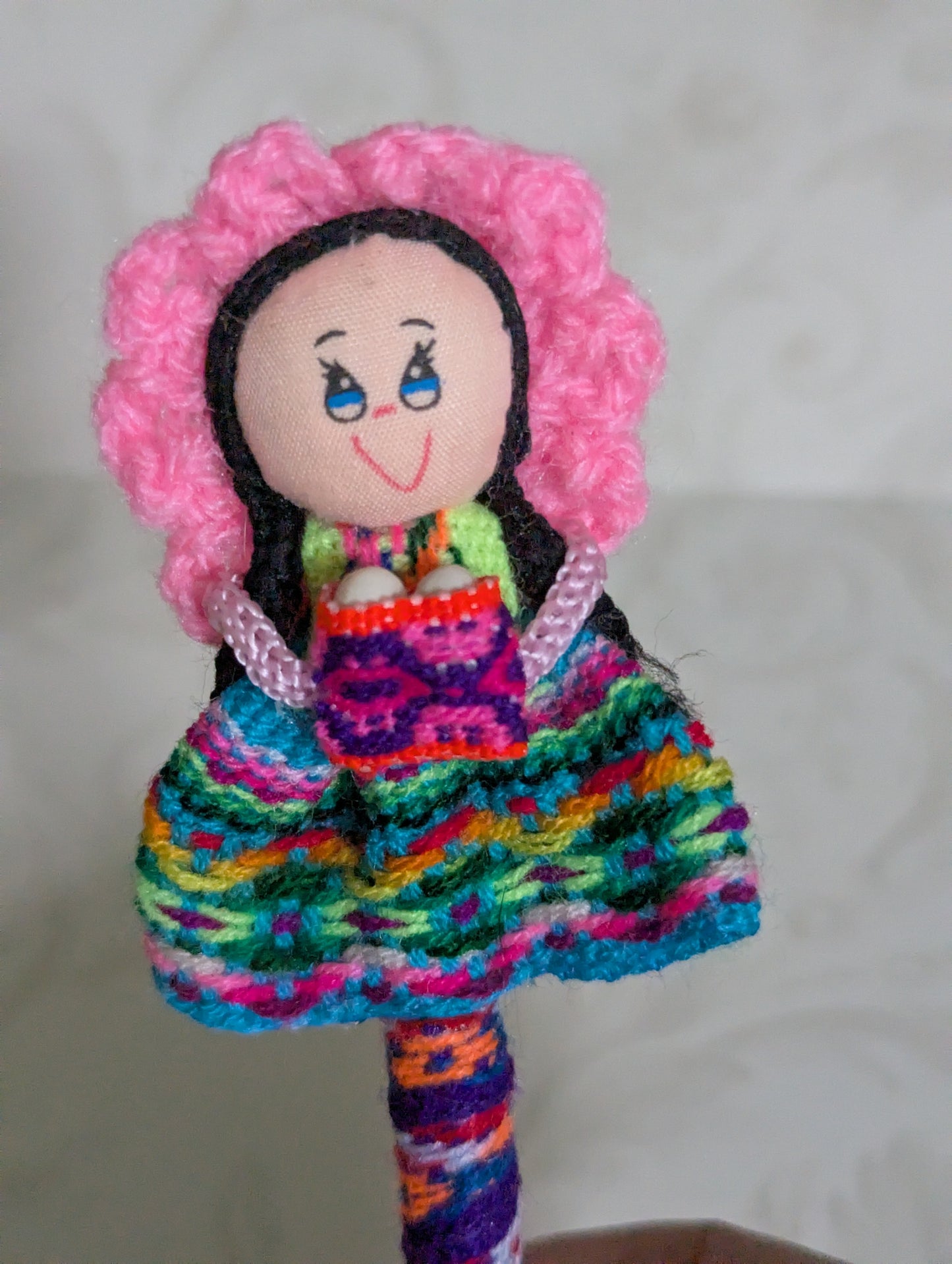 Doll Pen - Holding a Basket with eggs -Pink Hat - Made in Peru