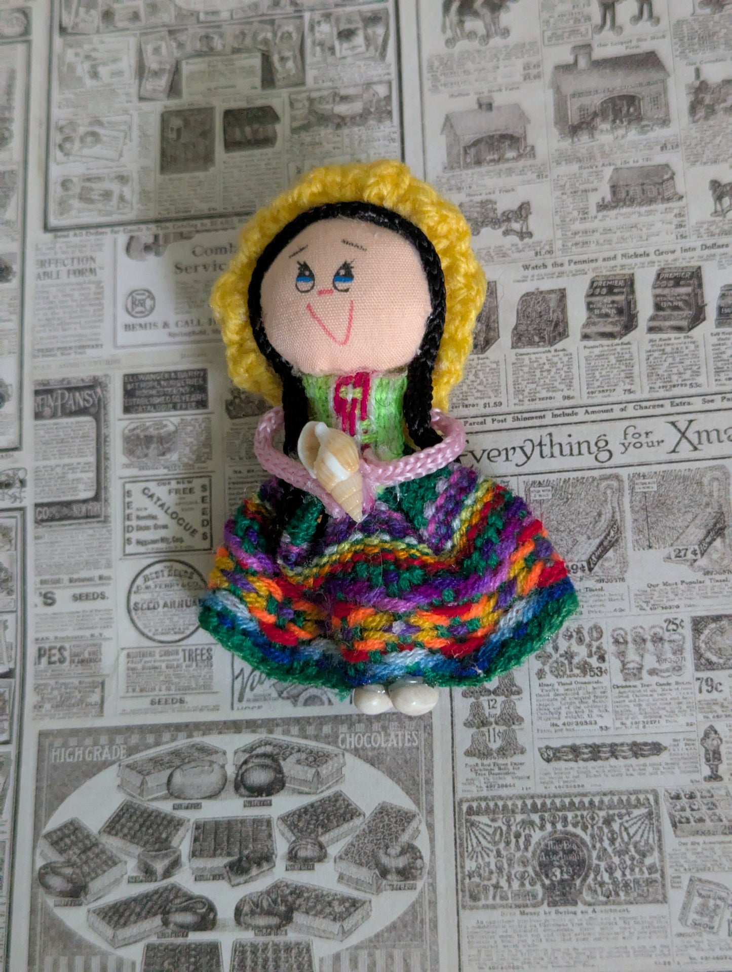 Doll Magnet - Holding a Shell -Mustard Hat - Made in Peru