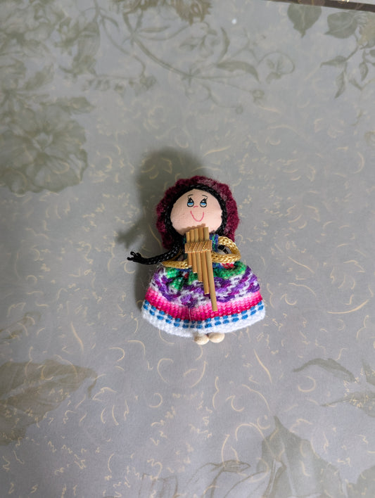 Doll Magnet - Holding a Quena -Burgundy Hat - Made in Peru