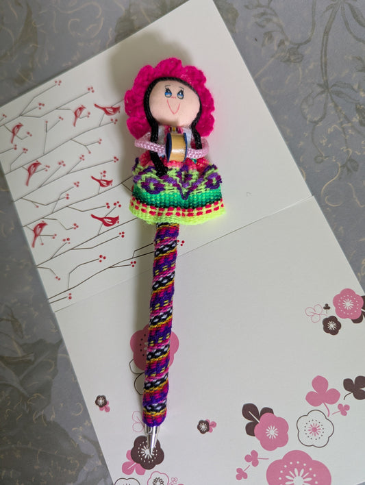 Doll Pen - Holding a Maraca -Fuchsia Hat - Made in Peru