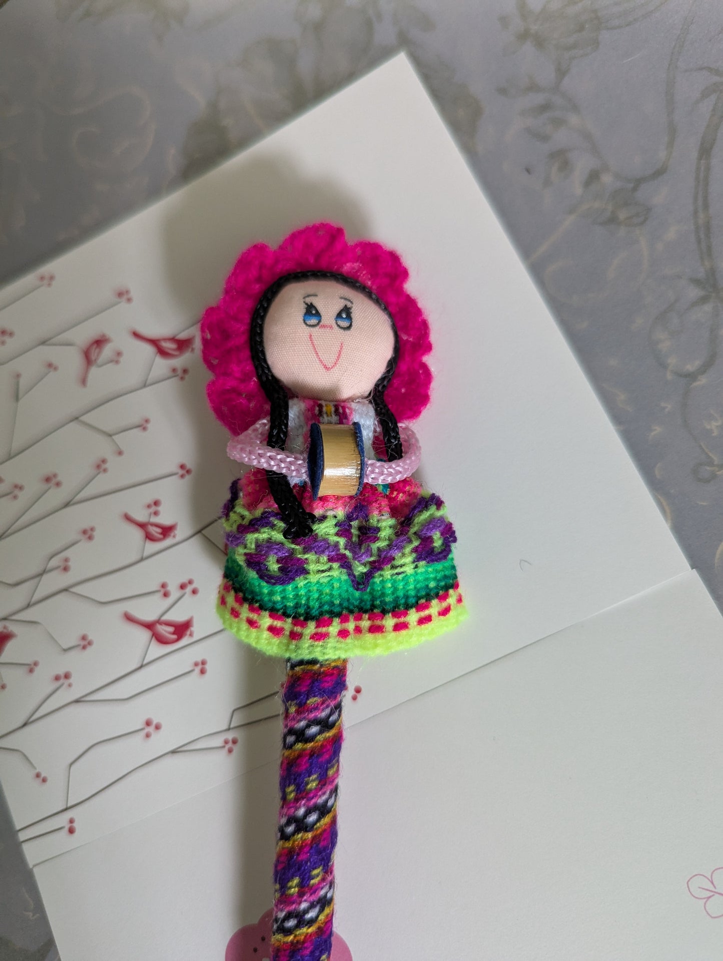 Doll Pen - Holding a Maraca -Fuchsia Hat - Made in Peru