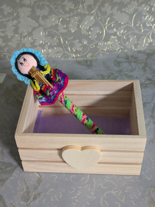 Doll Pen - Holding a Quena-Turquoise Hat - Made in Peru
