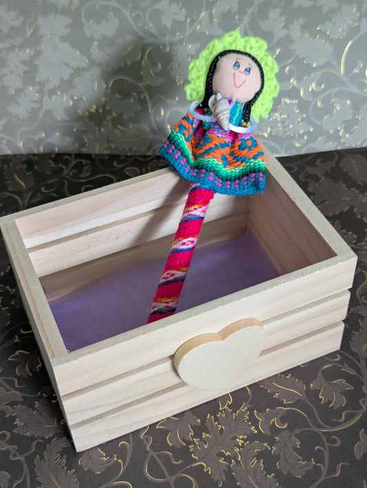 Doll Pen - Holding a Shell -Bright Green Hat - Made in Peru