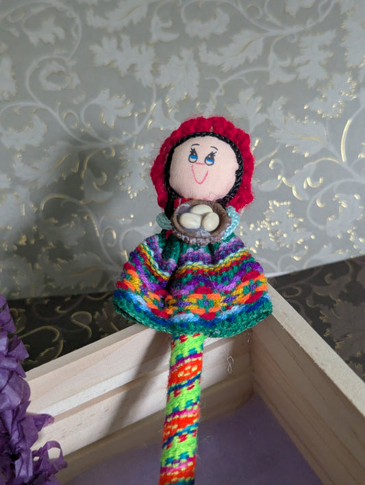 Doll Pen - Holding a Nest with Eggs -Red Hat - Made in Peru