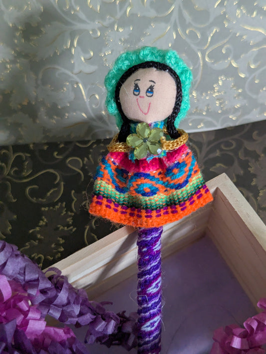 Doll Pen - Holding a resin flower -Light green Hat - Made in Peru