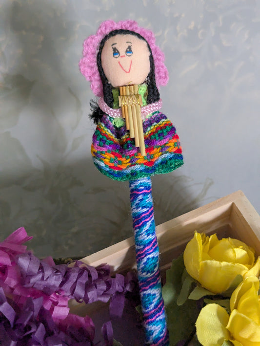 Doll Pen - Holding a Quena - Pink Hat - Made in Peru