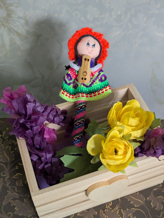 Doll Pen - Holding a Guitar -Bright Red Hat - Made in Peru