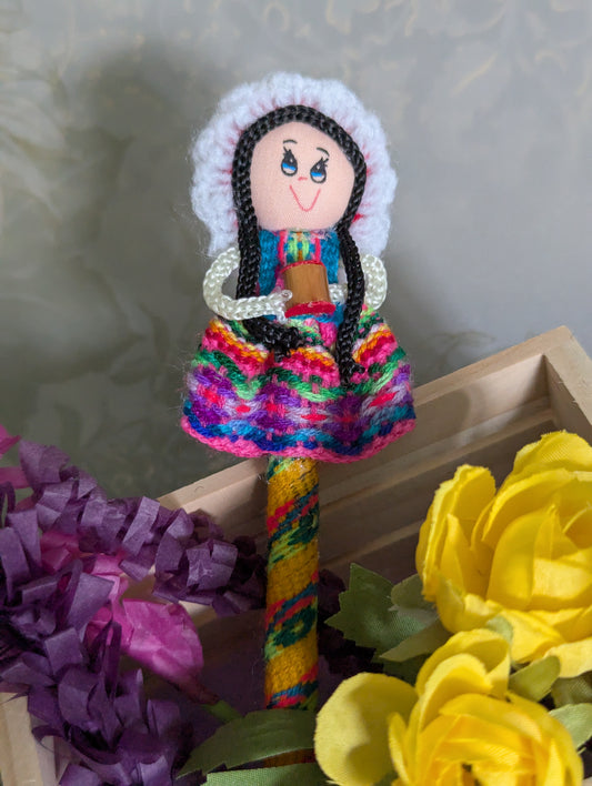 Doll Pen - Holding a Maraca -White and Red Hat - Made in Peru
