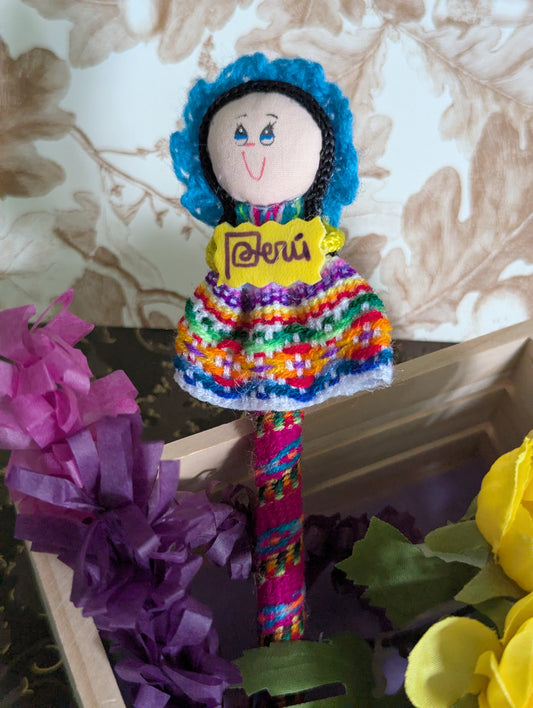 Doll Pen - Holding a Peru Banner -Teal Hat- Made in Peru