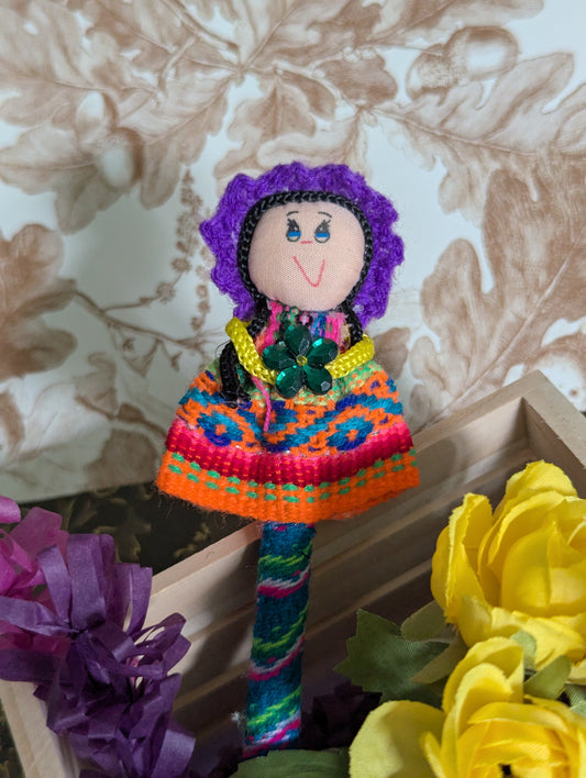Doll Pen - Holding a Resin Flower - Purple Hat - Made in Peru