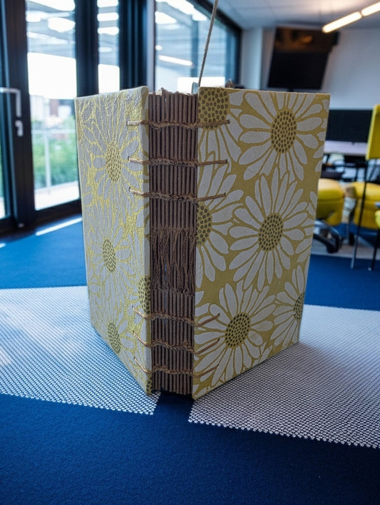 Daisies on Yellow Background with Gold Accented Print - Mini Sketchbook - French Stitch