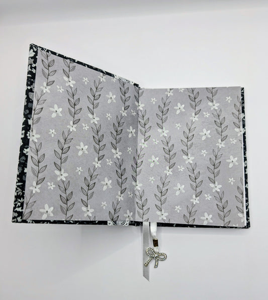 Tiny Black and Gray Flowers on Black Background - Handmade Hardcover Journal