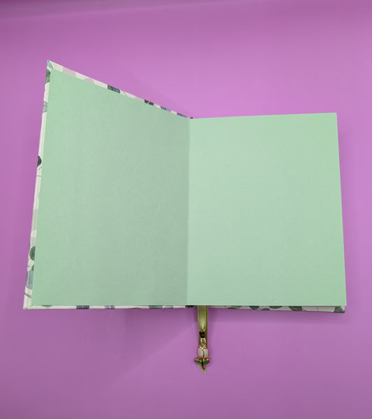 Green and Lavender Leaves with an image of flowers and butterfly as embellishment - Handmade Hardcover Journal