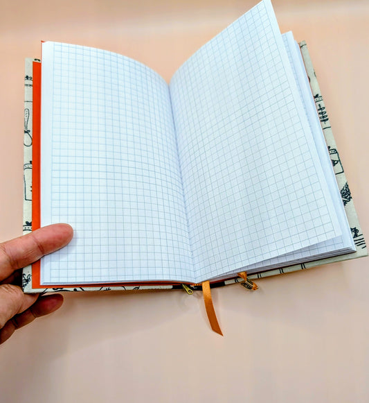 Utensil print with a cute image of veggies on the front cover- Handmade Hardcover Journal
