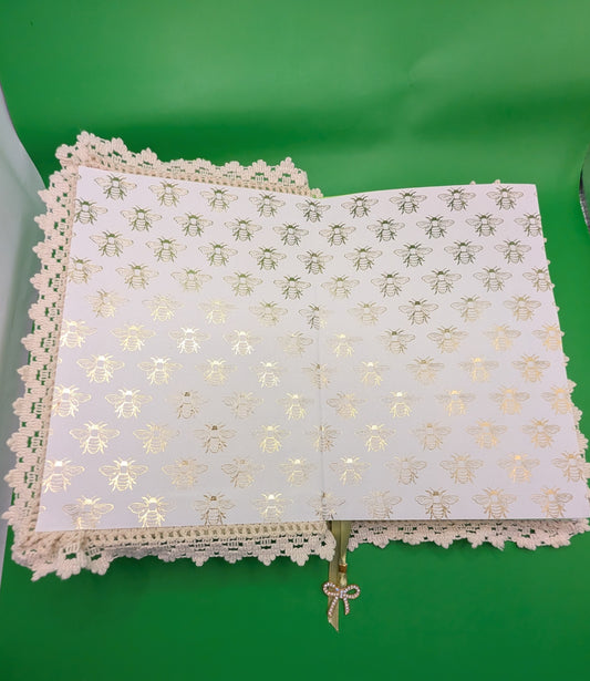 Bees and Daisy Patch on Sage Background and a drawing of flowers - Fabric Journal