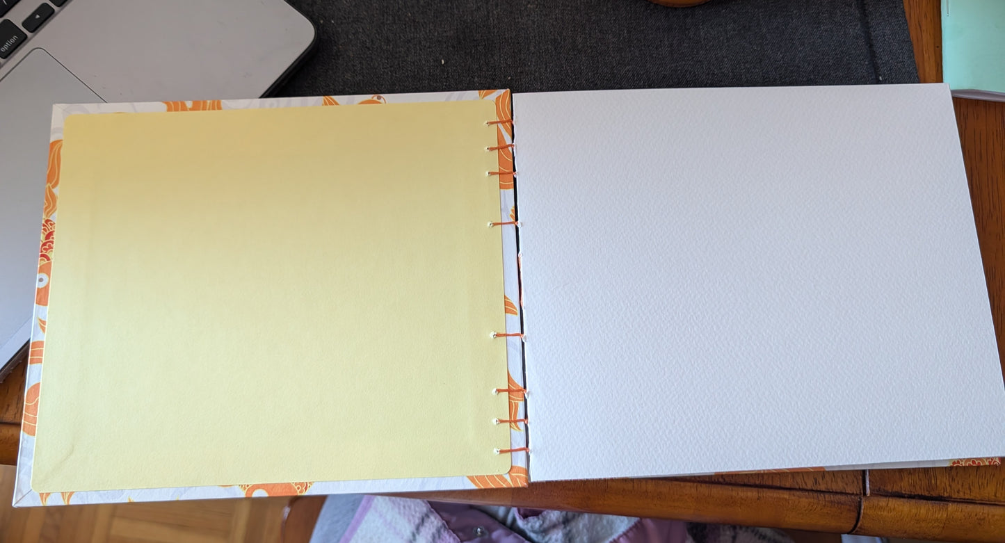Periwinkle blossoms on orange background - Gold Fish pattern - Coptic Binding Sketch Book