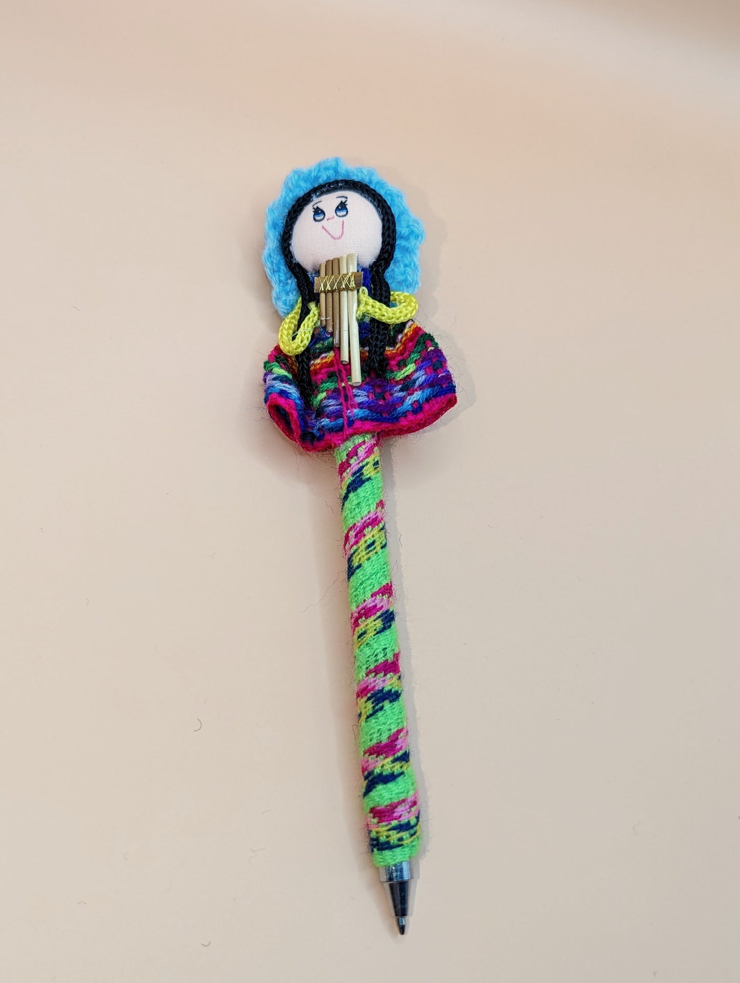 Doll Pen - Holding a Quena-Turquoise Hat - Made in Peru