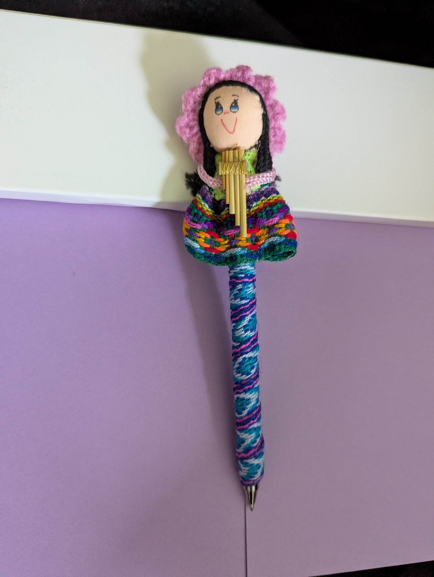 Doll Pen - Holding a Quena - Pink Hat - Made in Peru