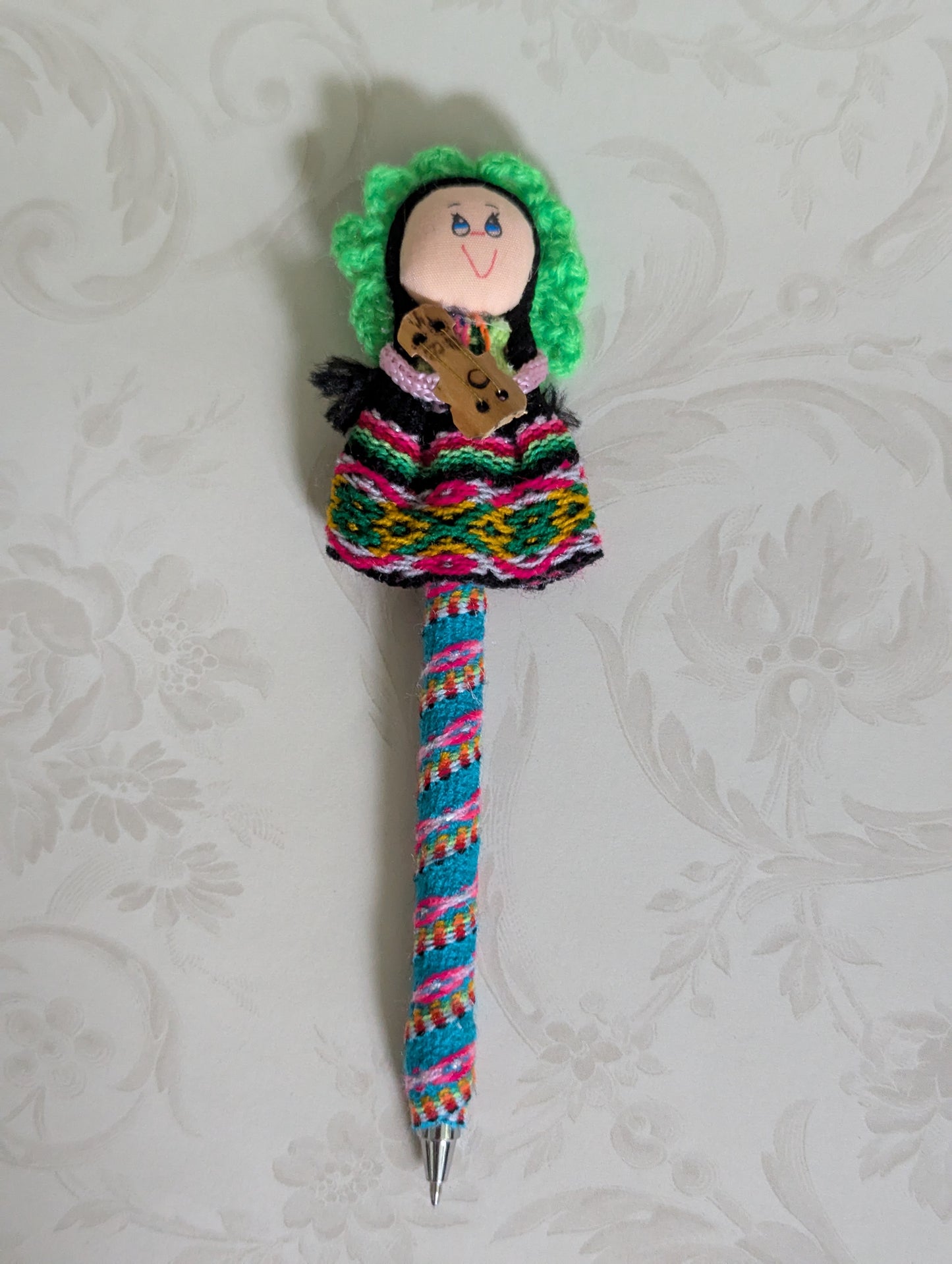 Doll Pen - Holding a Guitar -Light Green Hat - Made in Peru