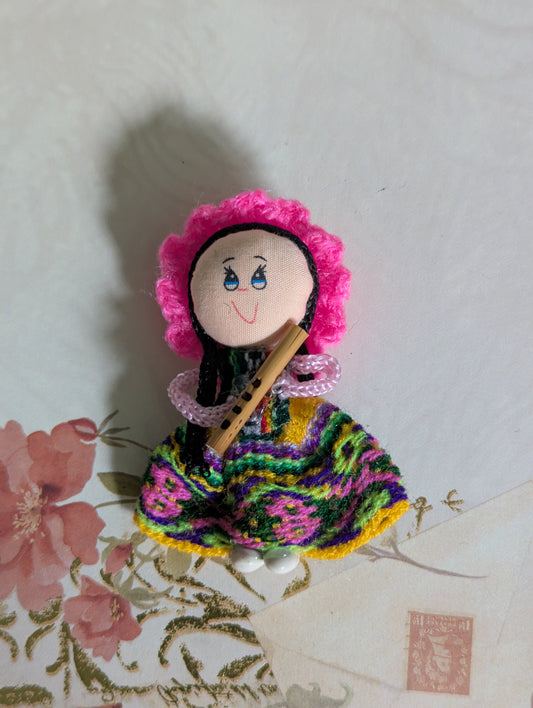 Doll Magnet - Holding a Flute -Bright Pink Hat - Made in Peru