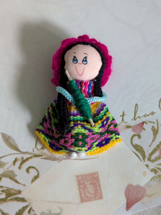 Doll Magnet - Holding a Pin with wool -Fuchia Hat - Made in Peru