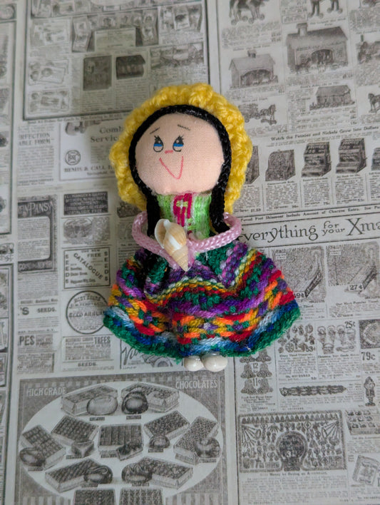 Doll Magnet - Holding a Shell-Bright Yellow Hat - Made in Peru