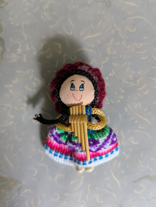 Doll Magnet - Holding a Quena -Burgundy Hat - Made in Peru