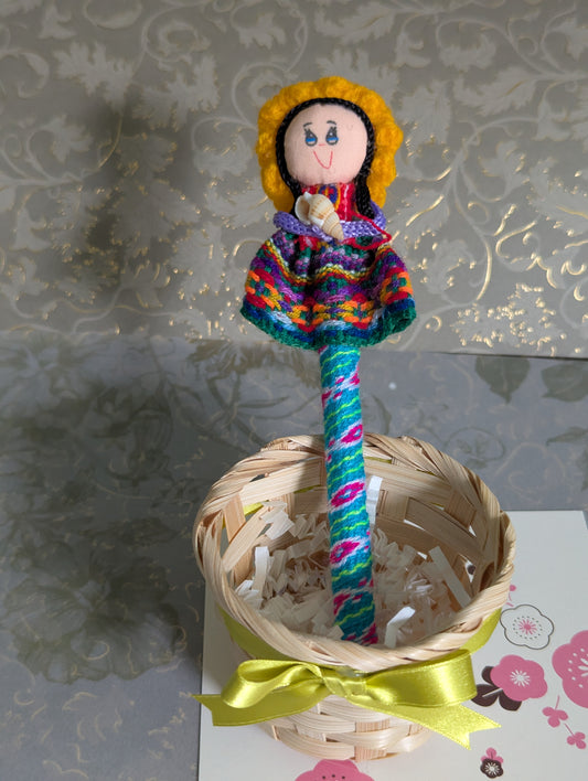 Doll Pen - Holding a Basket with eggs -Mustard Hat - Made in Peru