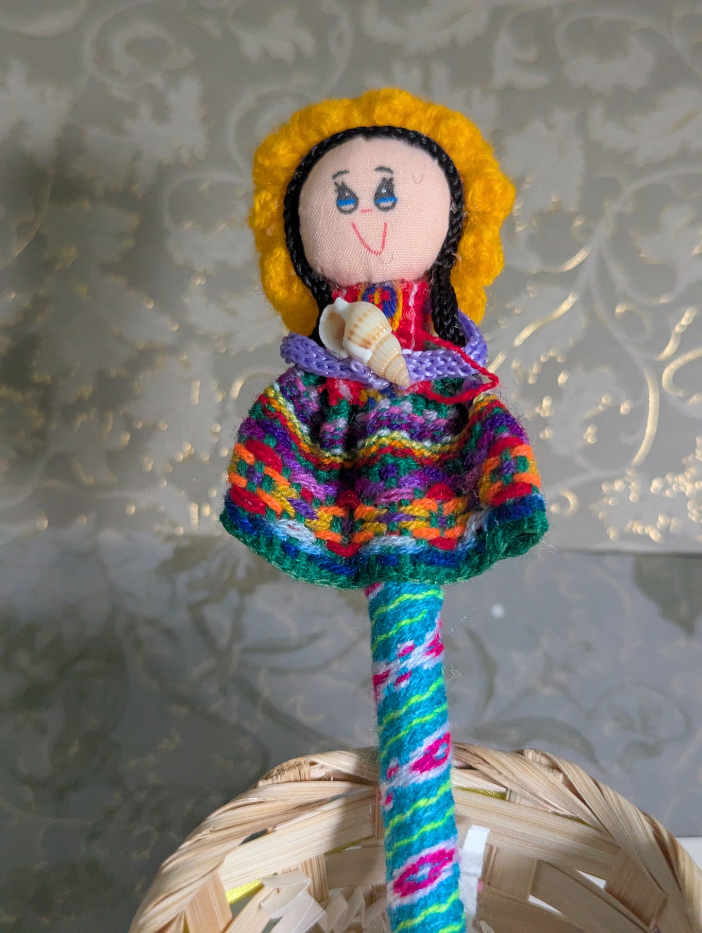 Doll Pen - Holding a Basket with eggs -Mustard Hat - Made in Peru