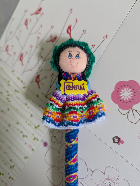 Doll Pen - Holding a Peru Banner -Green Hat- Made in Peru