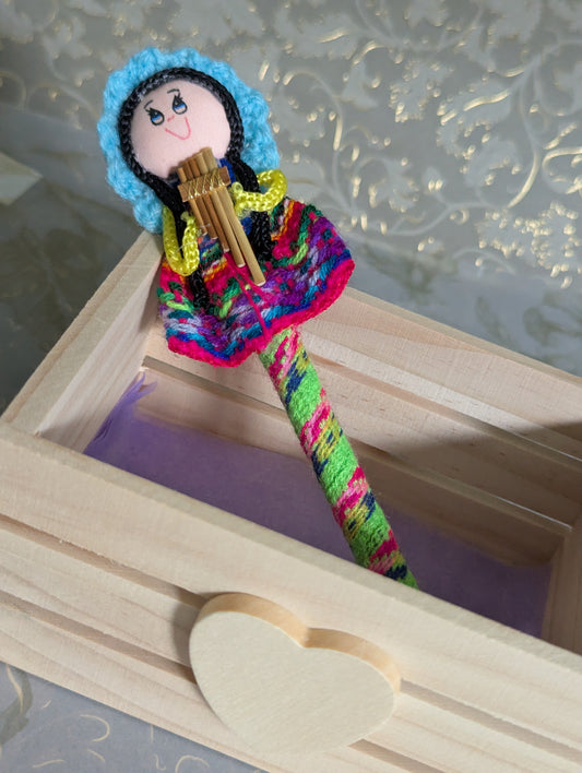 Doll Pen - Holding a Quena-Turquoise Hat - Made in Peru