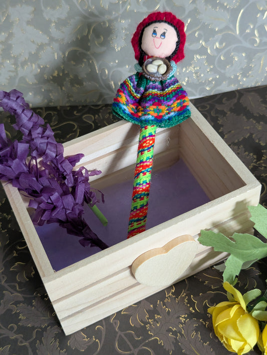 Doll Pen - Holding a basket of eggs -Red Hat Hat - Made in Peru