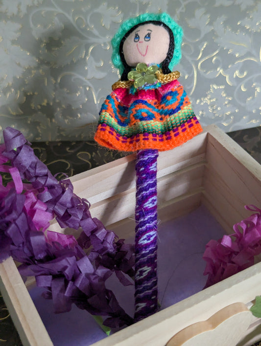 Doll Pen - Holding a resin flower -Light green Hat - Made in Peru