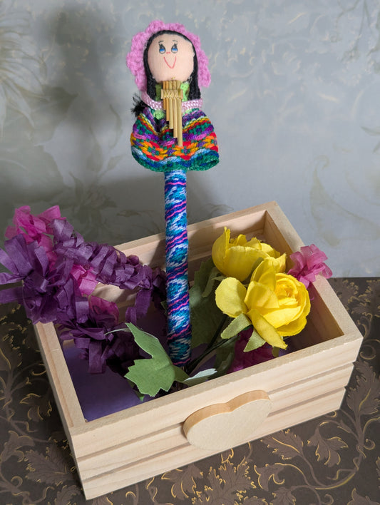Doll Pen - Holding a Quena - Pink Hat - Made in Peru