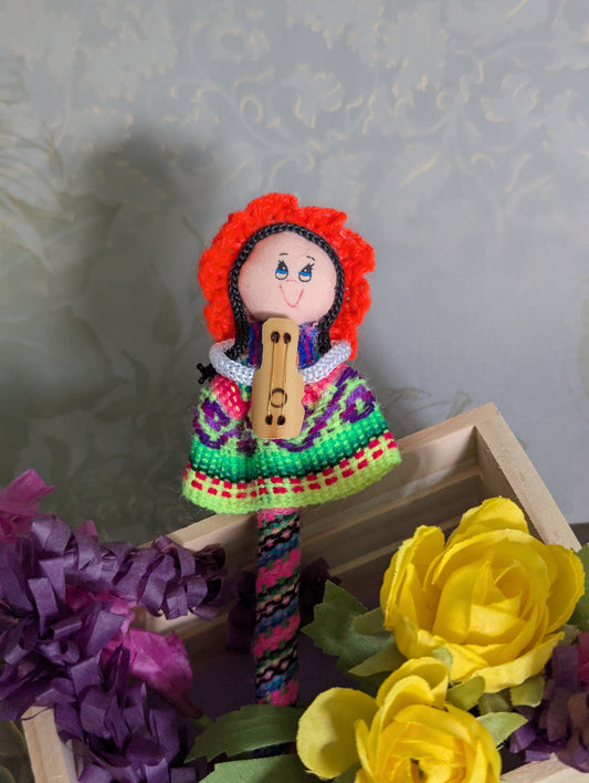 Doll Pen - Holding a Guitar -Bright Red Hat - Made in Peru