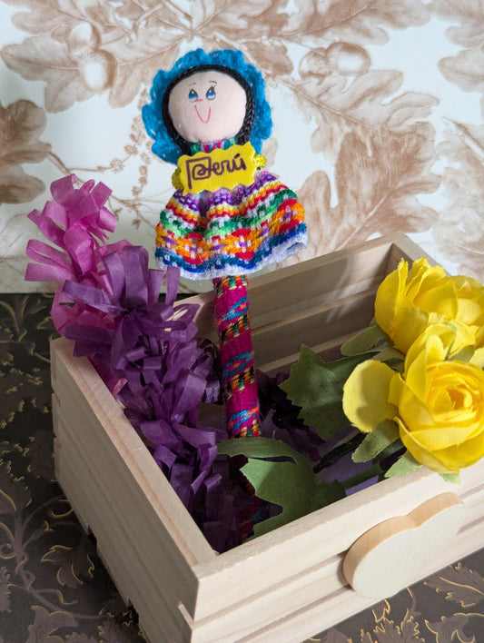 Doll Pen - Holding a Peru Banner -Teal Hat- Made in Peru