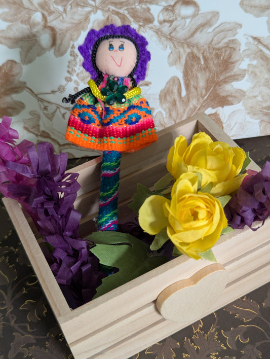 Doll Pen - Holding a Resin Flower - Purple Hat - Made in Peru