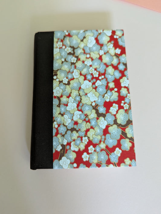 Handmade Hard Cover Journal - Blossoms on red background