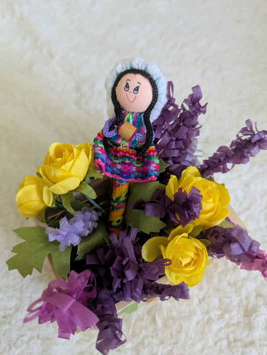Doll Pen - Holding a Maraca -White and Turquoise Hat - Made in Peru