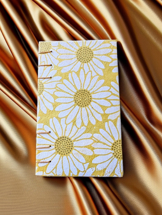 Daisies on Yellow Background with Gold Accented Print - Mini Sketchbook - French Stitch