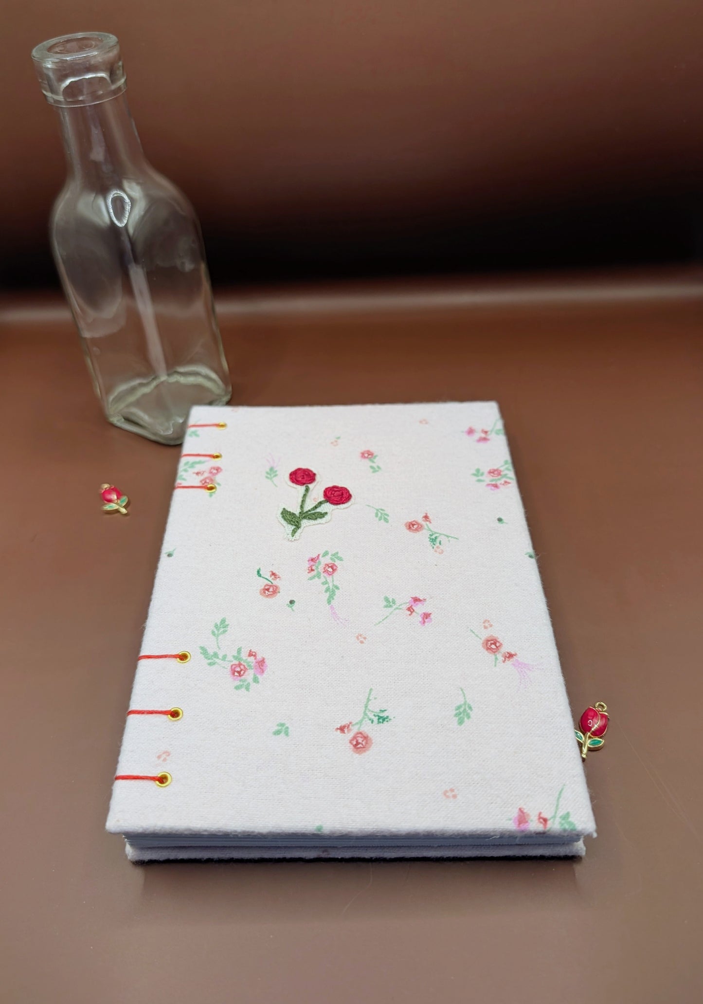 Garden of Roses on fuzzy fabric  - Coptic Binding Sketch Book