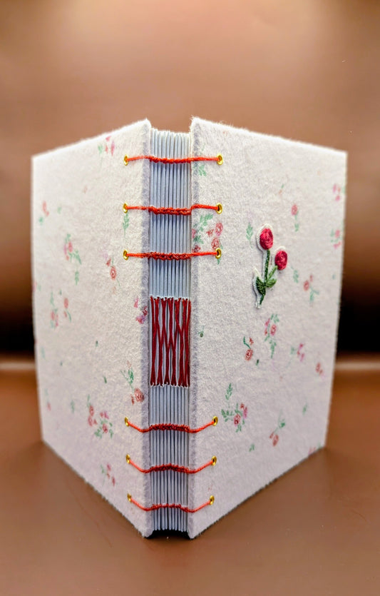 Garden of Roses on fuzzy fabric  - Coptic Binding Sketch Book