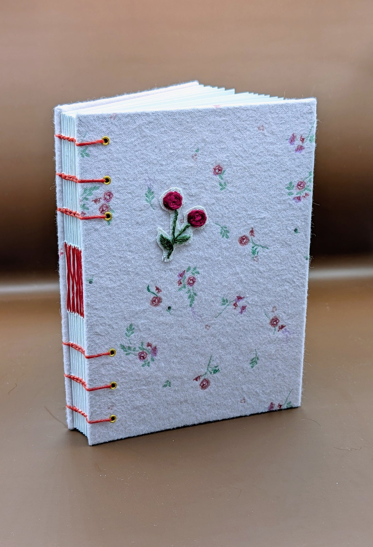 Garden of Roses on fuzzy fabric  - Coptic Binding Sketch Book