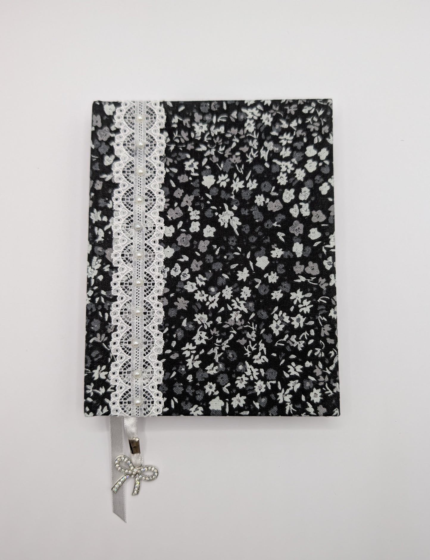 Tiny Black and Gray Flowers on Black Background  - Handmade Fabric Journal