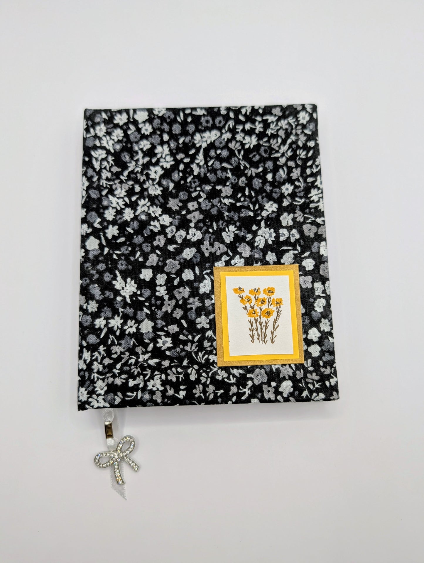 Tiny Black and Gray Flowers on Black Background  - Handmade Fabric Journal