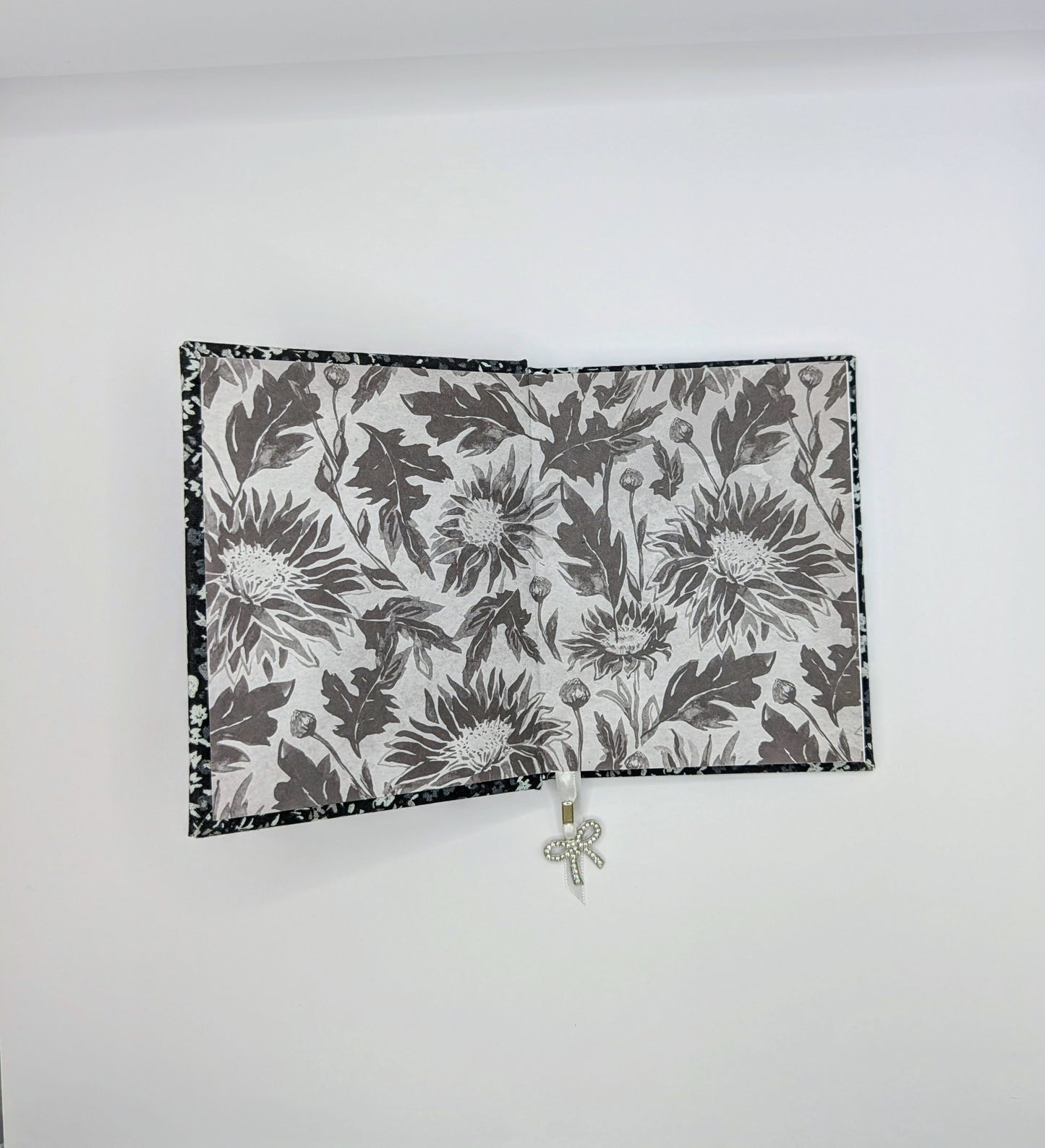 Tiny Black and Gray Flowers on Black Background  - Handmade Fabric Journal